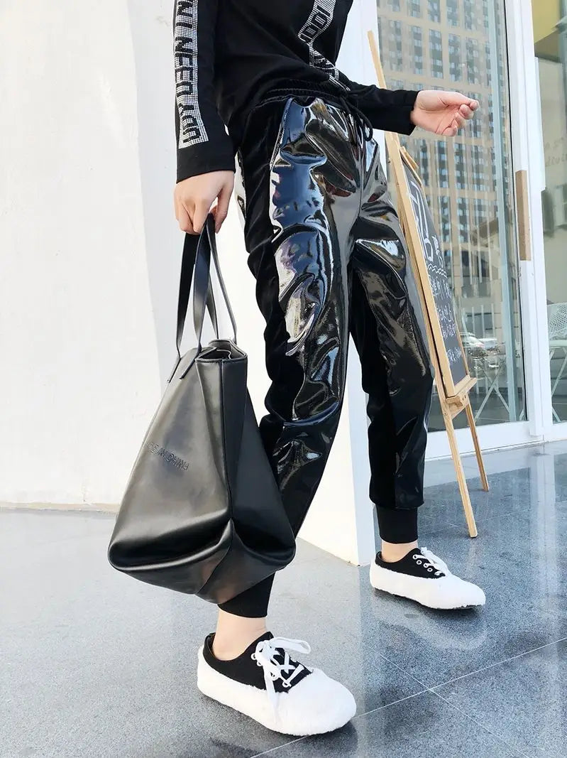 Elastic Waist Bright Leather Velvet Track Pants