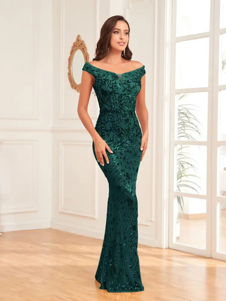 Green Sequined Sexy High Waist Fishtail Long Evening Dress