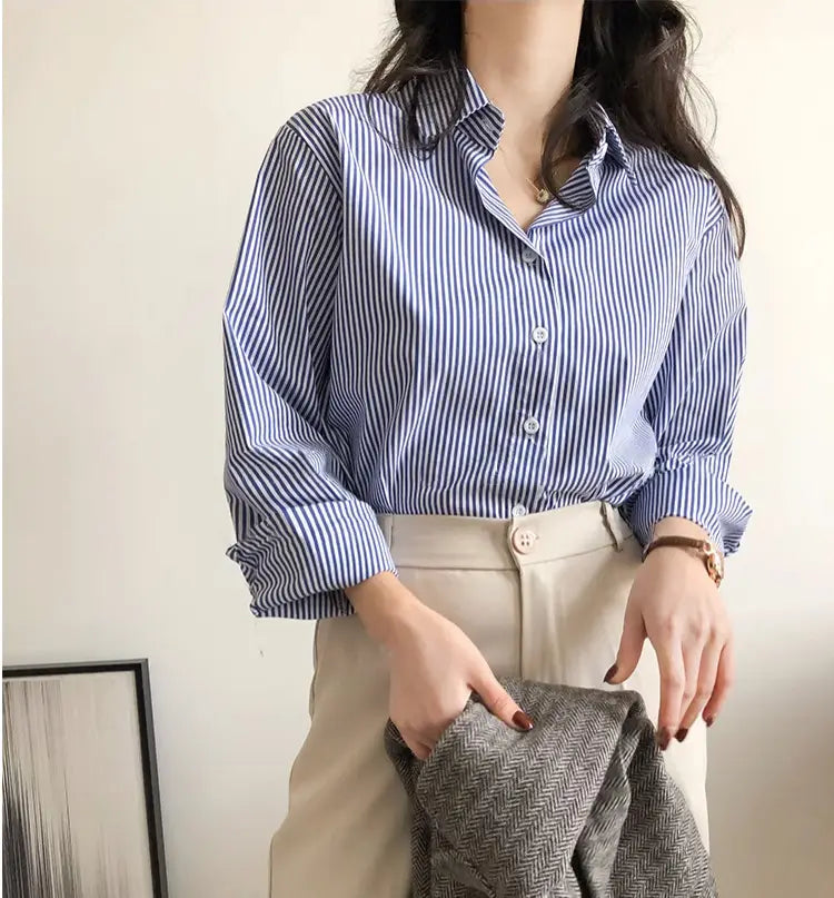 Blue Professional Striped Shirt For Women