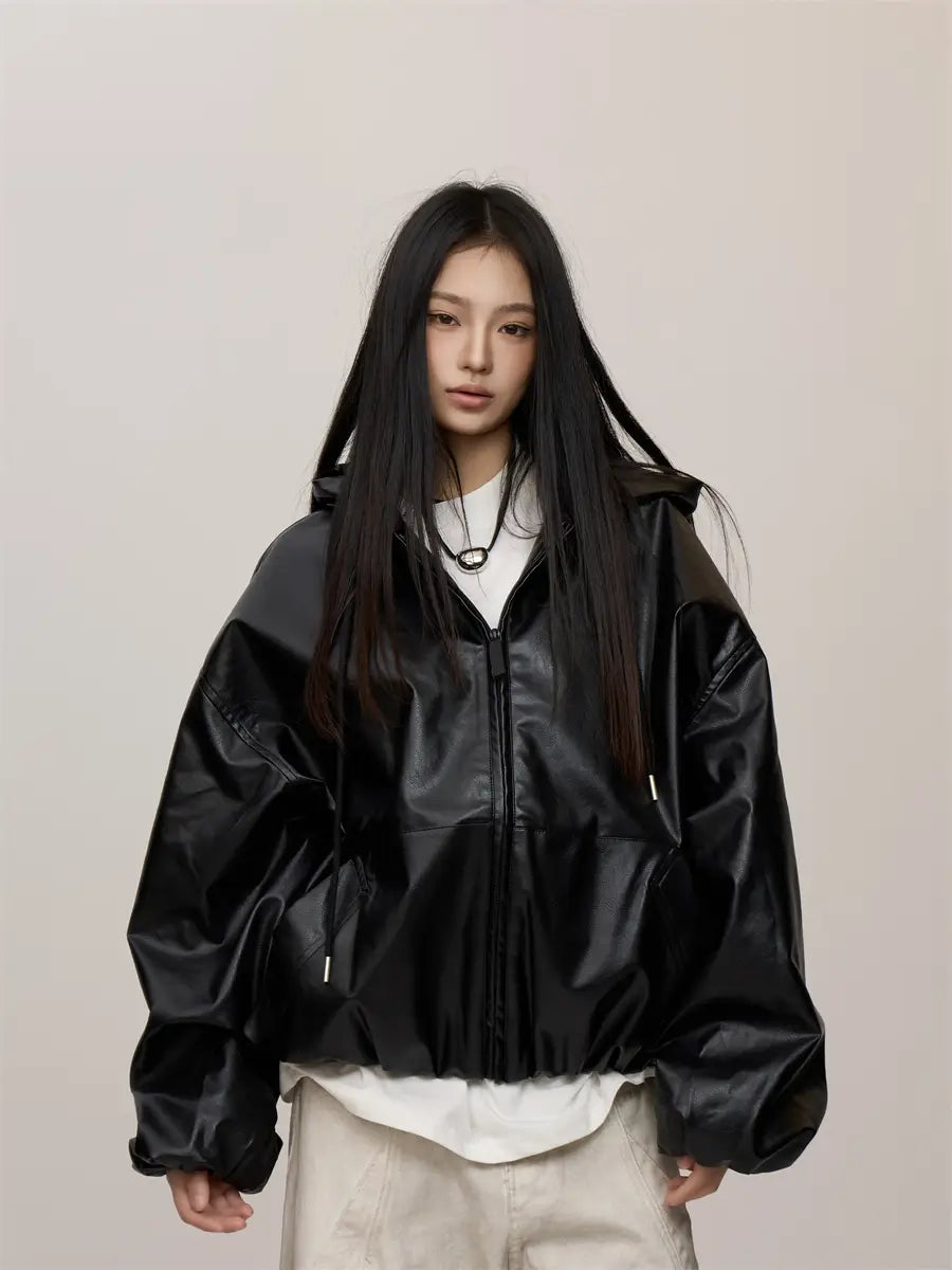 Women’s Black Hooded Leather Coat