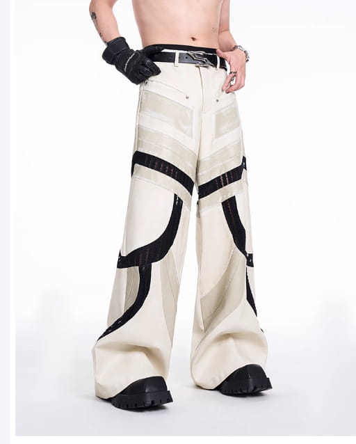 Patchwork Hollow-out Knitmesh PU Autumn And Winter Heavy Casual Pants
