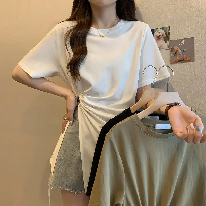 Cotton Irregular Split Short-sleeved T-shirt Women’s Summer
