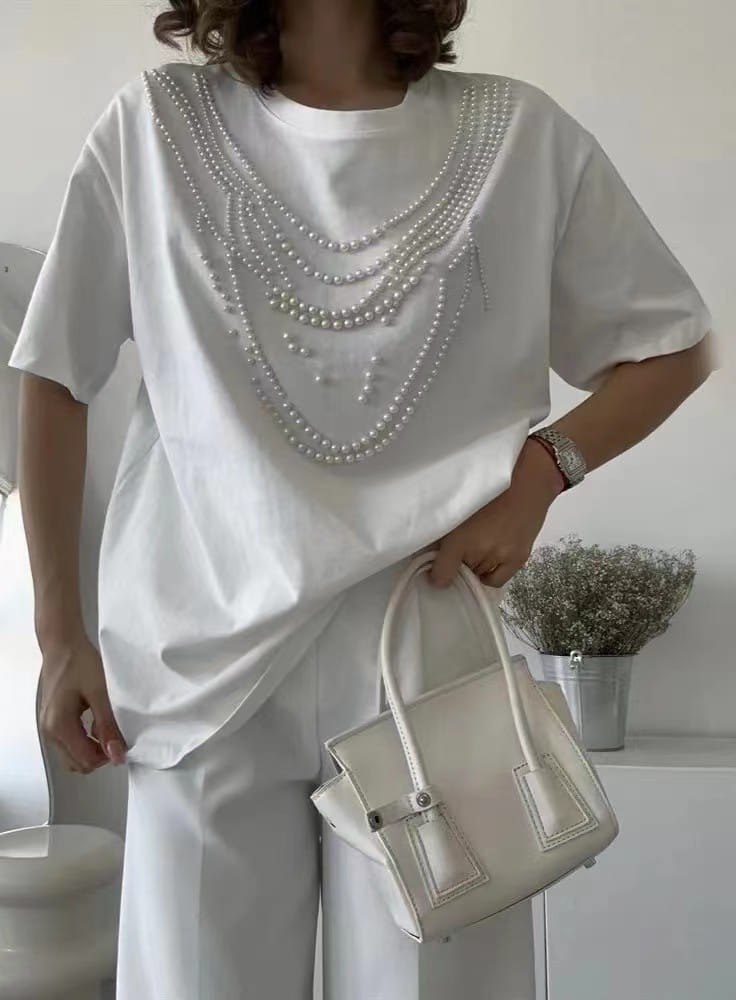 Heavy Industry Beads Pearl All-match Slimming And Fashionable Top