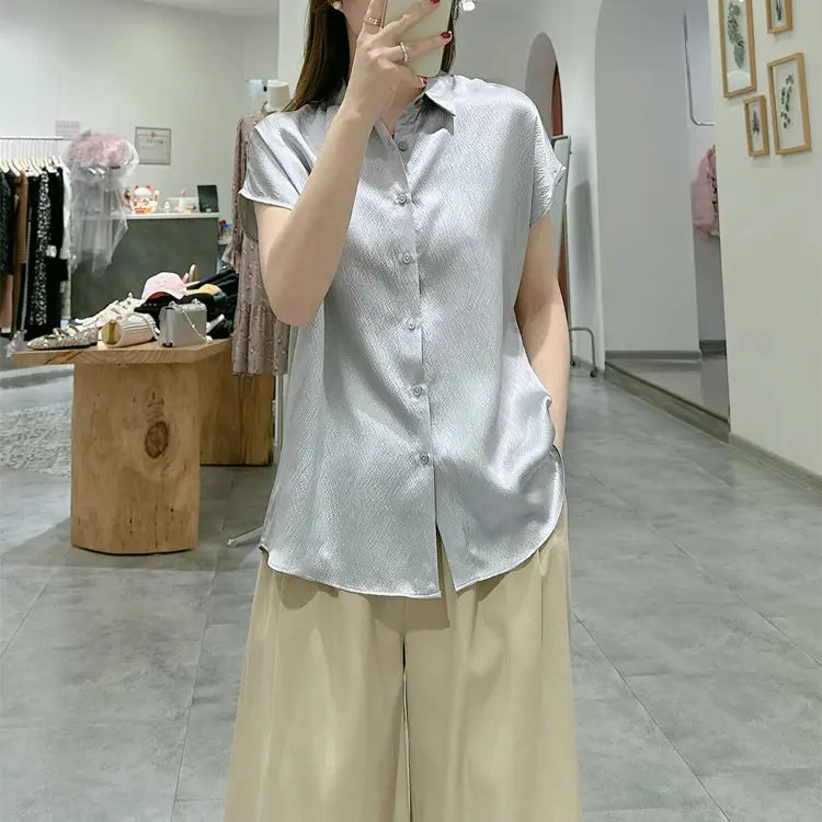 Pearl Satin Shirt Reverse Collar Single-breasted