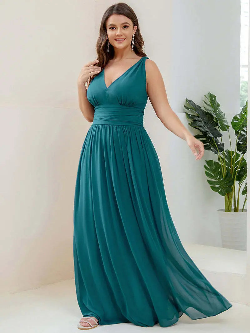 Deep V-neck Bridesmaid Plus Size High Waist Evening Dress