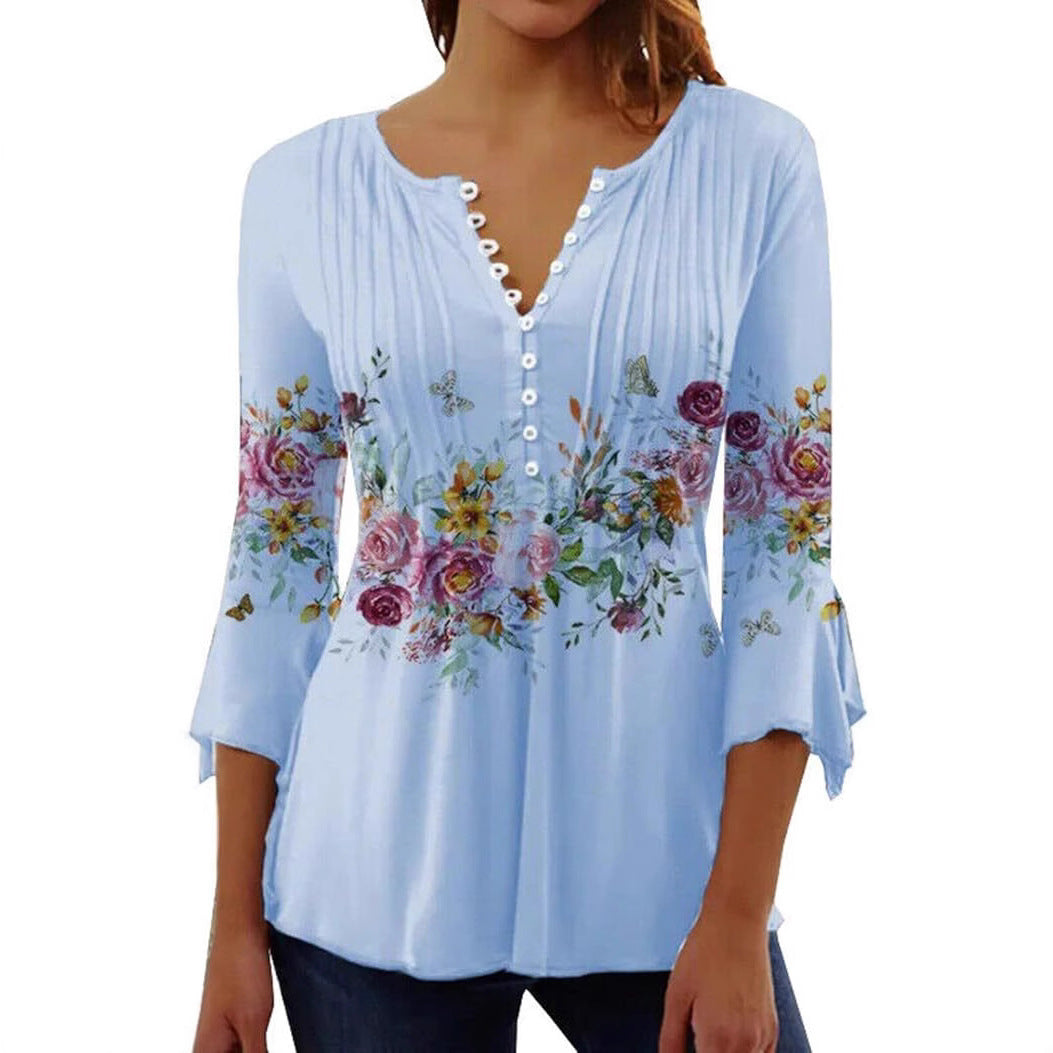 Women’s Single-breasted Fashion V-neck Half-sleeve Top