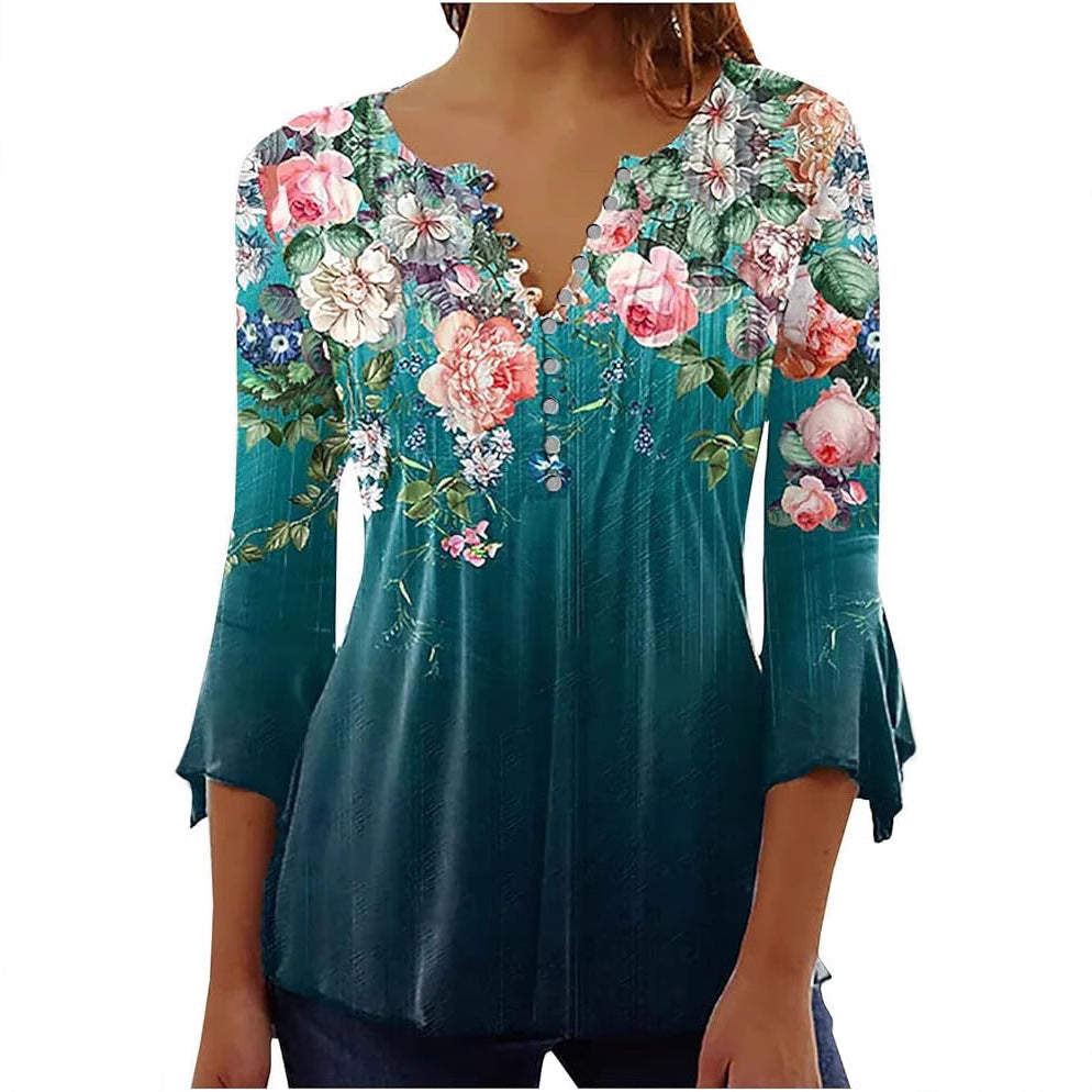 Women’s Single-breasted Fashion V-neck Half-sleeve Top