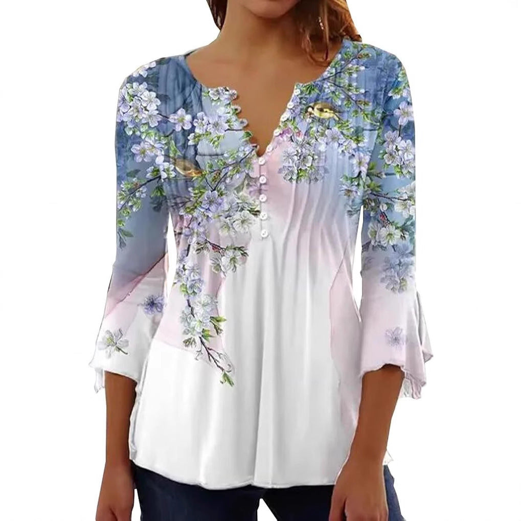 Women’s Single-breasted Fashion V-neck Half-sleeve Top