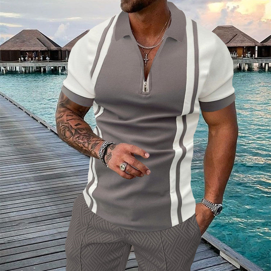 Men’s Summer Fashion 3D Printed Short Sleeve Geometric Zip Lapel Shirt Set