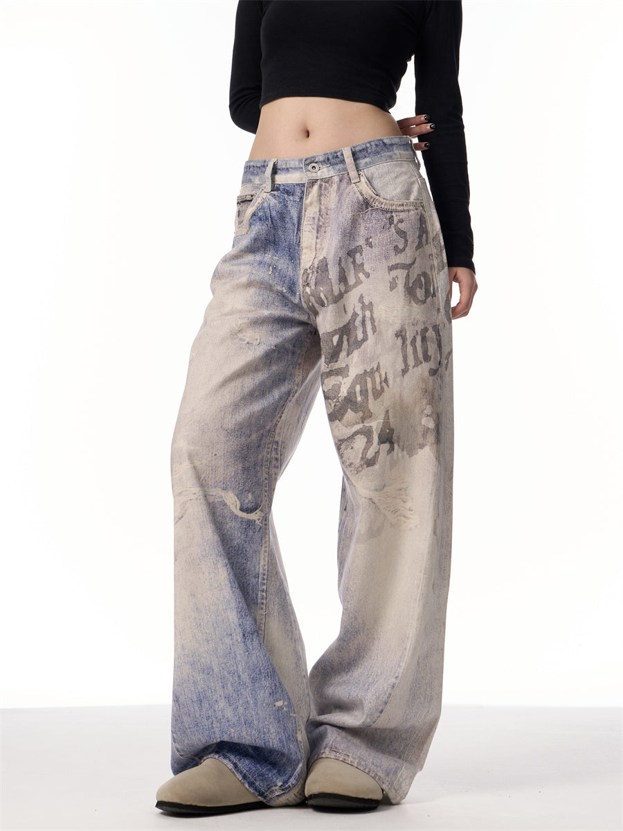 3D Printing Gradient Letter Printed Jeans Long Pants - Blue / S