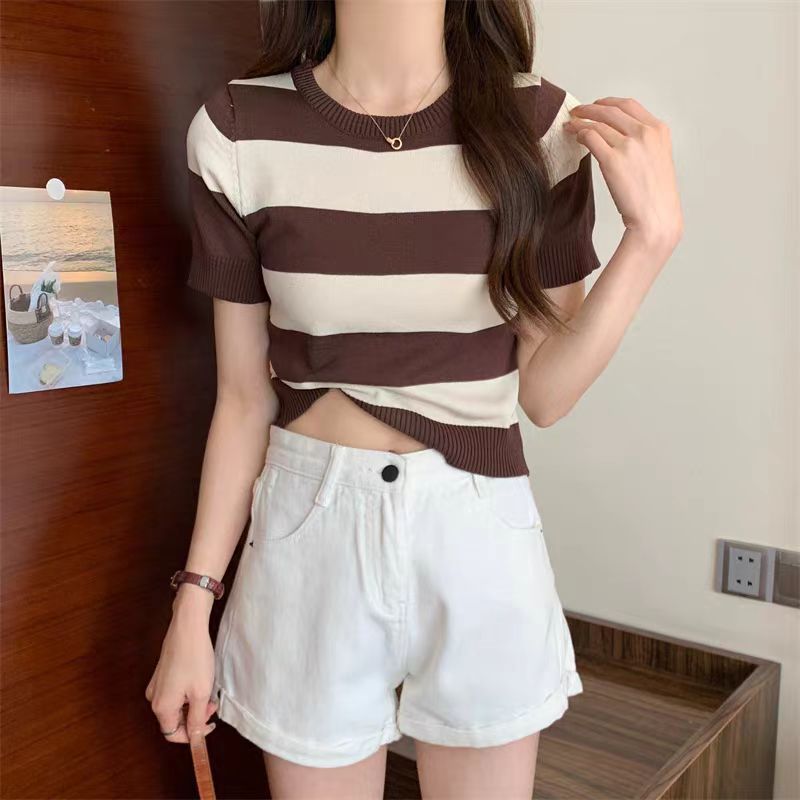 Summer New Striped Short Sleeve Women Slim Fit Slimming Top - Brown / Average Size