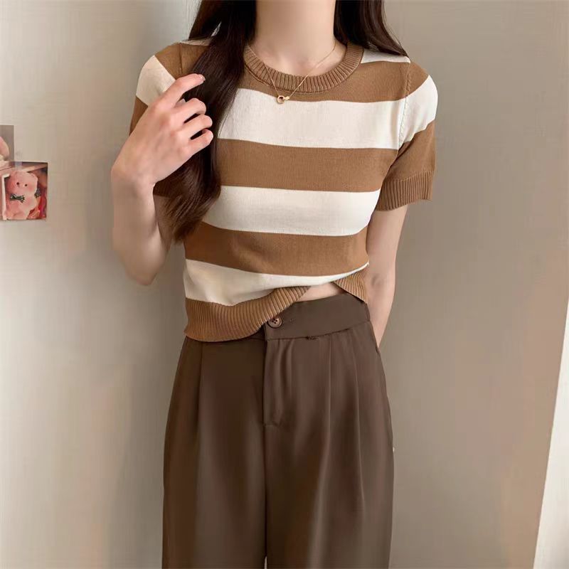 Summer New Striped Short Sleeve Women Slim Fit Slimming Top - Khaki / Average Size