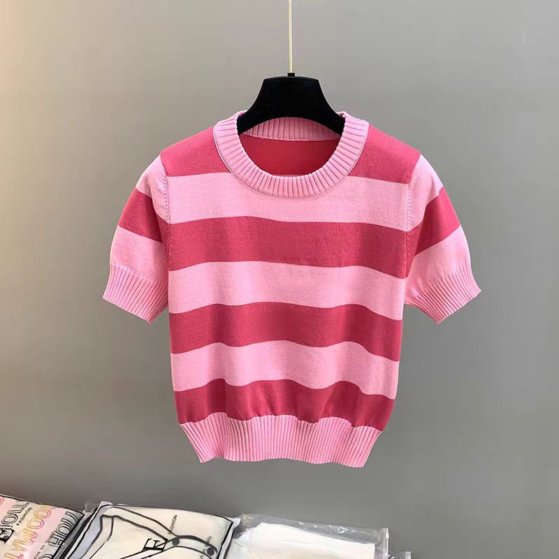 Summer New Striped Short Sleeve Women Slim Fit Slimming Top - Pink / Average Size