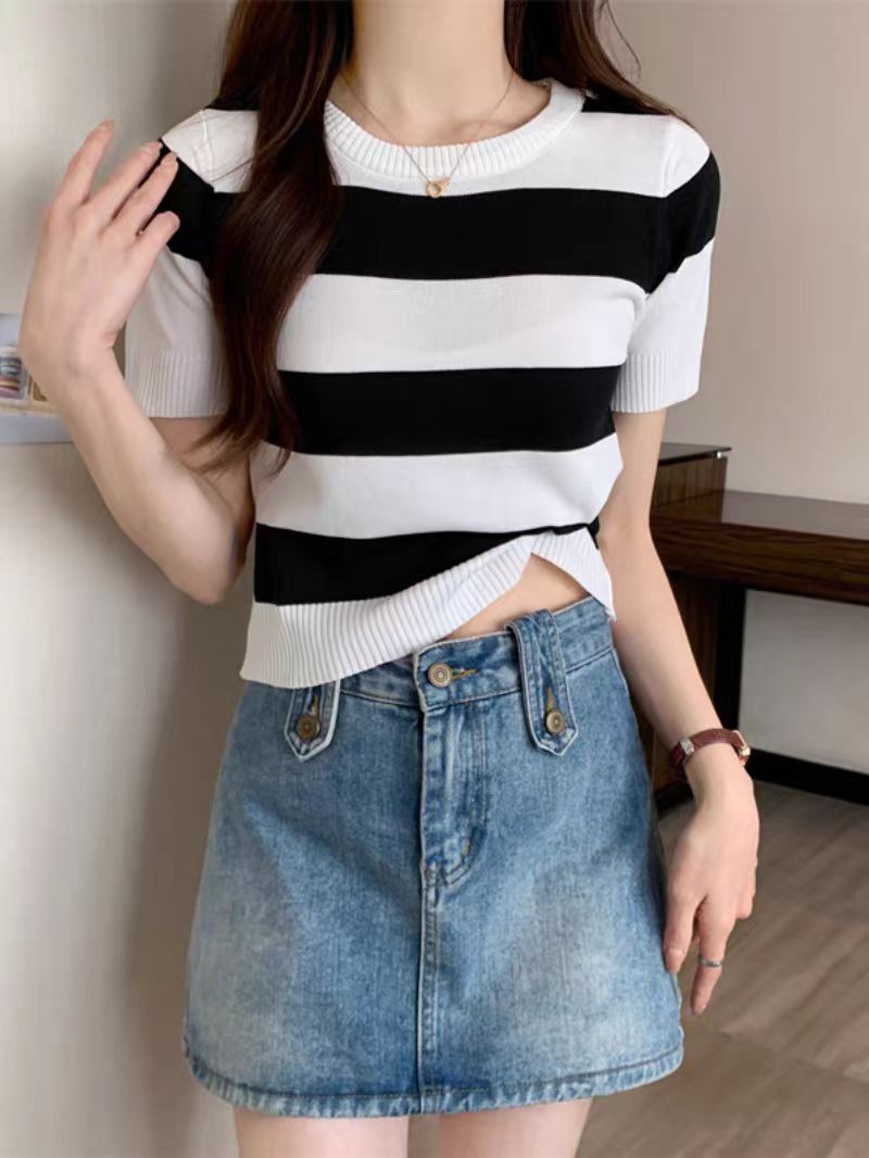 Summer New Striped Short Sleeve Women Slim Fit Slimming Top - White / Average Size