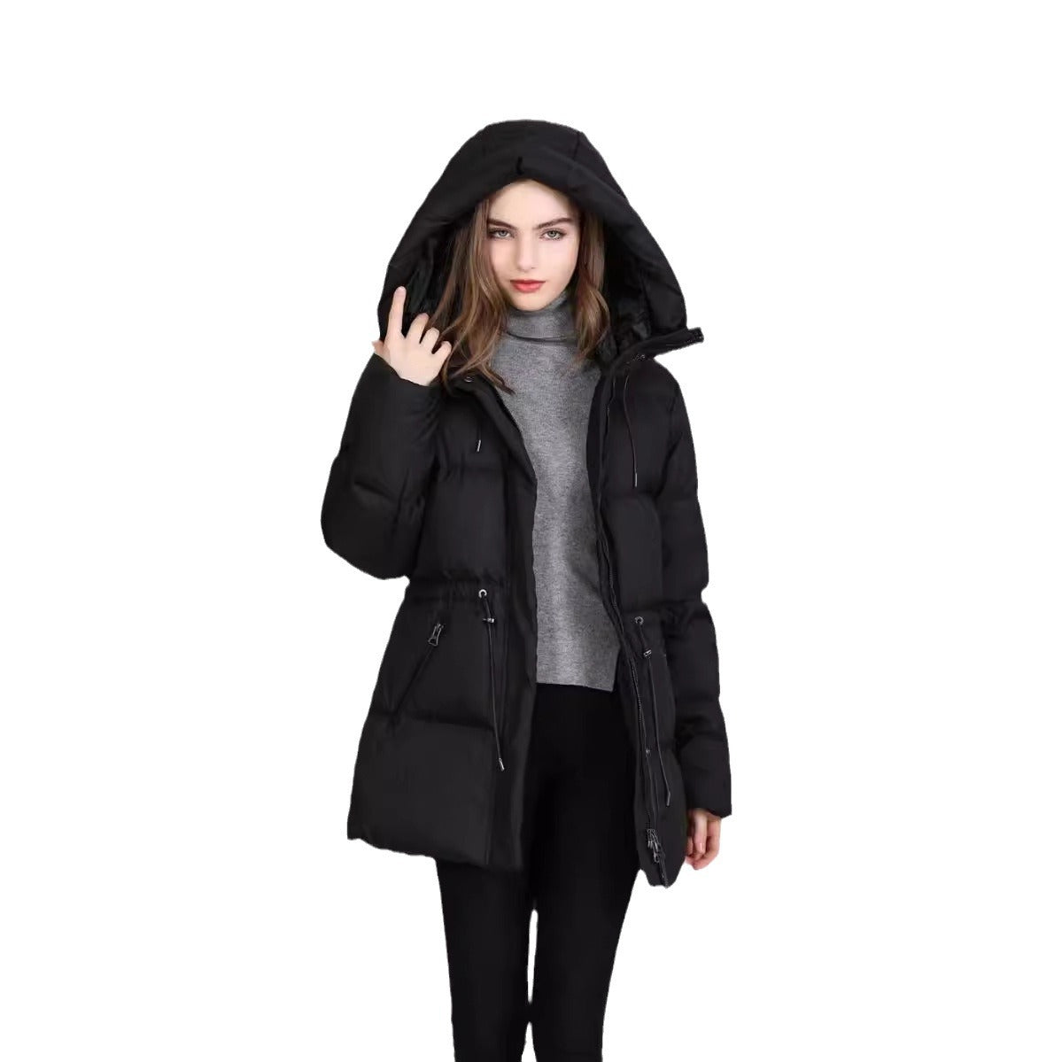 New Velvet Down Cotton-padded Coat For Women Hooded Warm Jacket - Black / M
