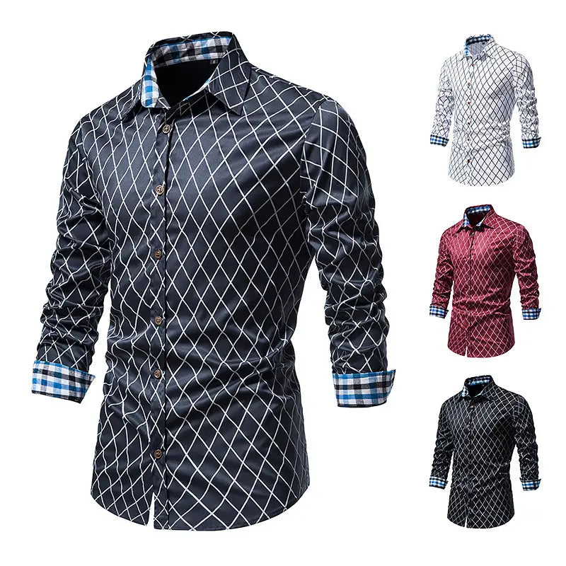 New Fashion Contrast Color Men’s Long-sleeved Diamond Check Button Shirt