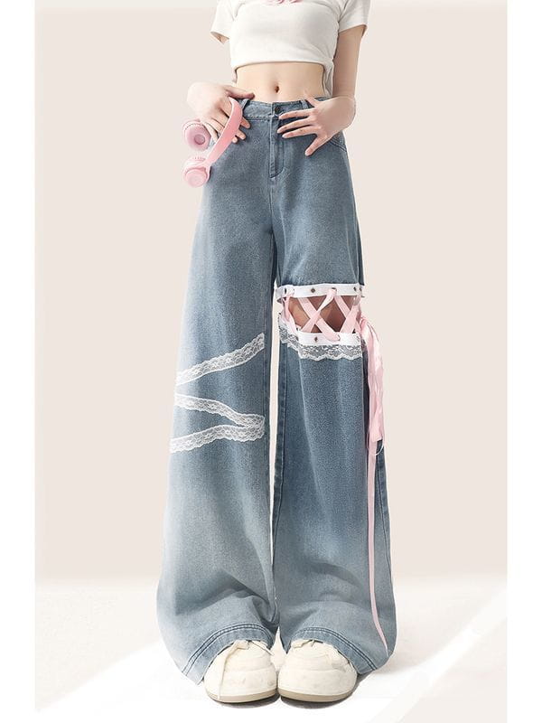 Classic Style Summer Thin Lace Lace Cut-off Jeans