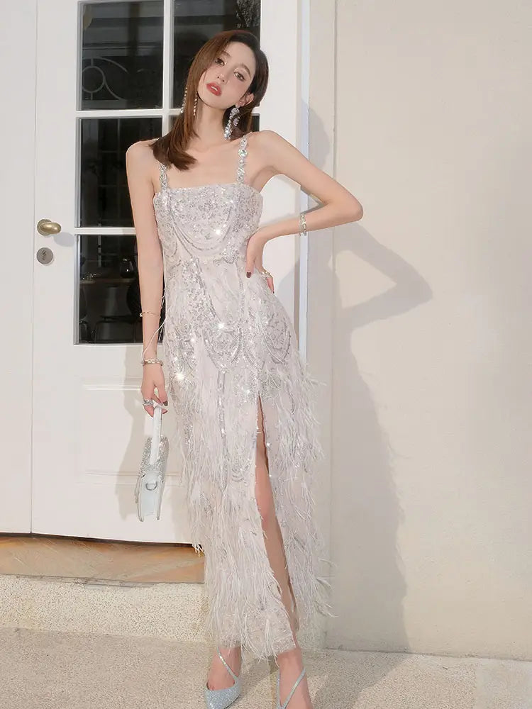 Feathered Diamond Heavy Embroidery Halter Dress Long