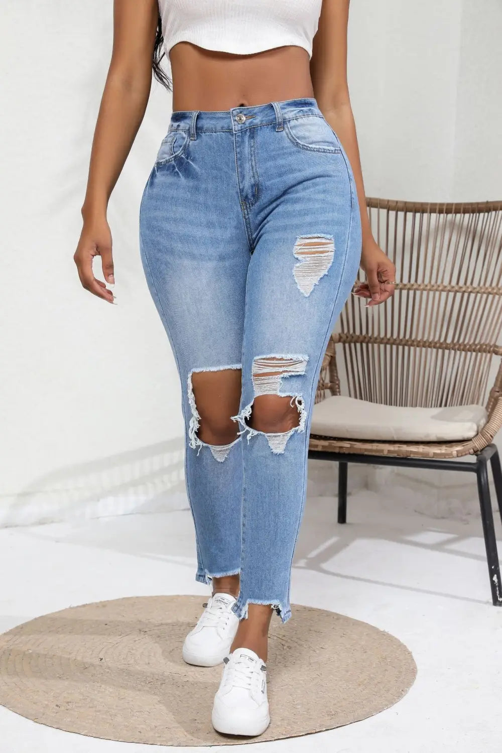 Water Washed Hole Slim High Waist Stretch Retro Denim Skinny Pants Women
