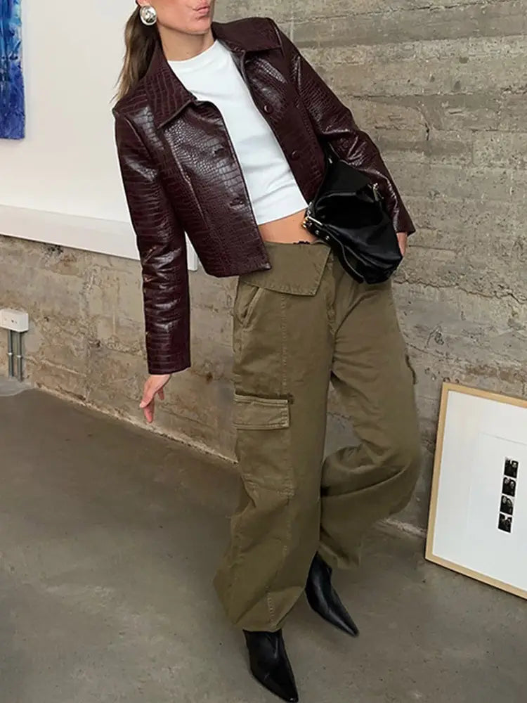 Wine Red Lapel Long Sleeve Leather Coat