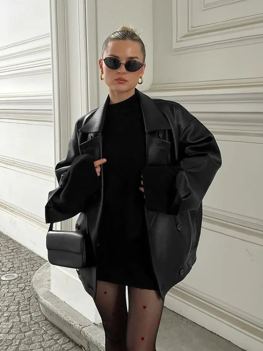 Women’s Elegant Suit Collar Loose Leather Coat