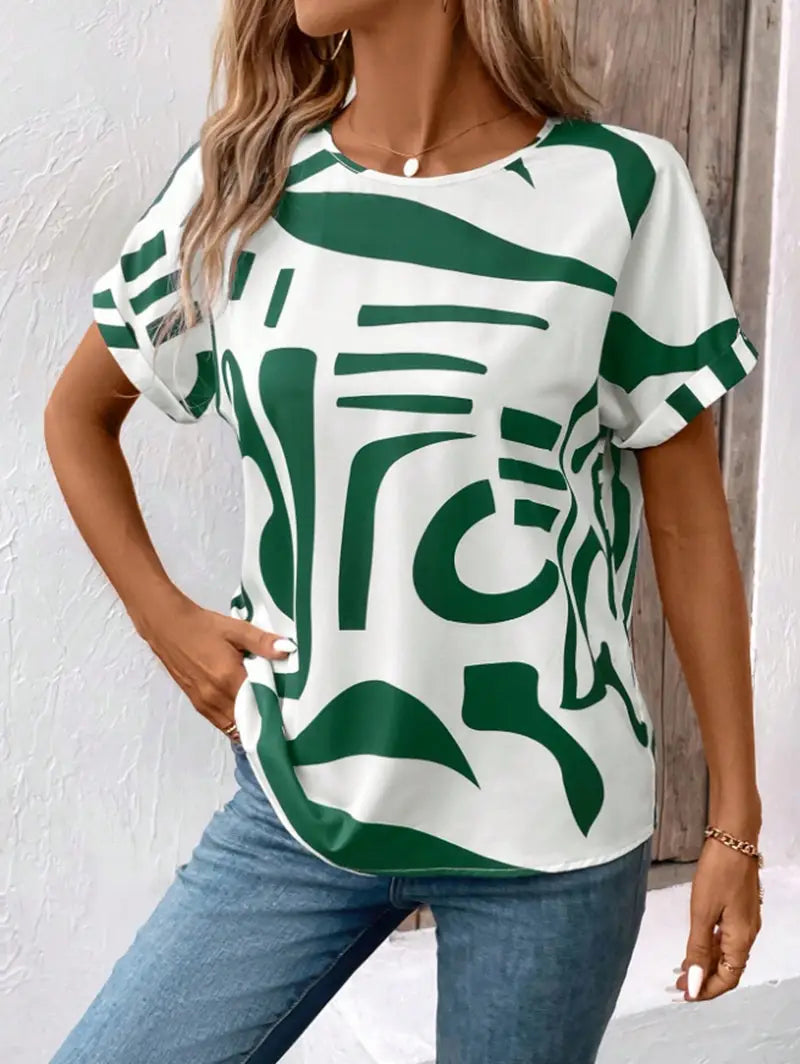Batwing Sleeve Round Neck Geometric Printed Shirt For Women
