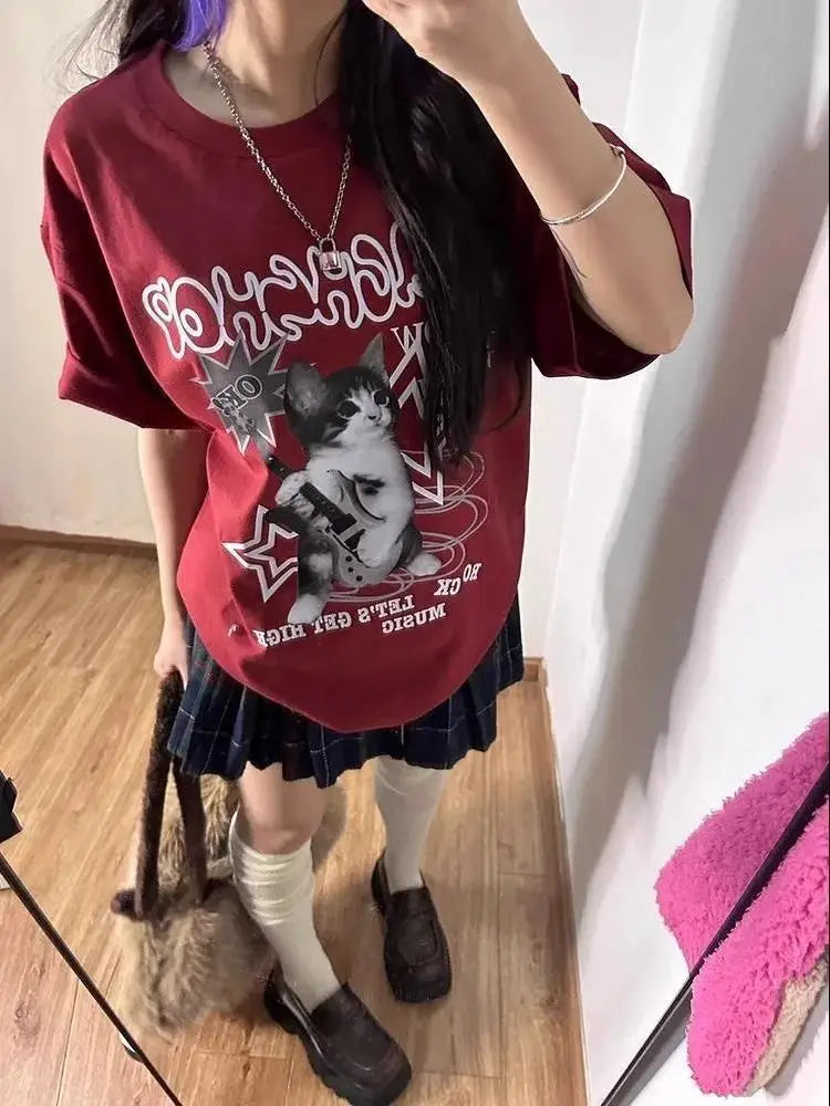 Pure Cotton Japanese Style Alphabet Wine Red Short Sleeve