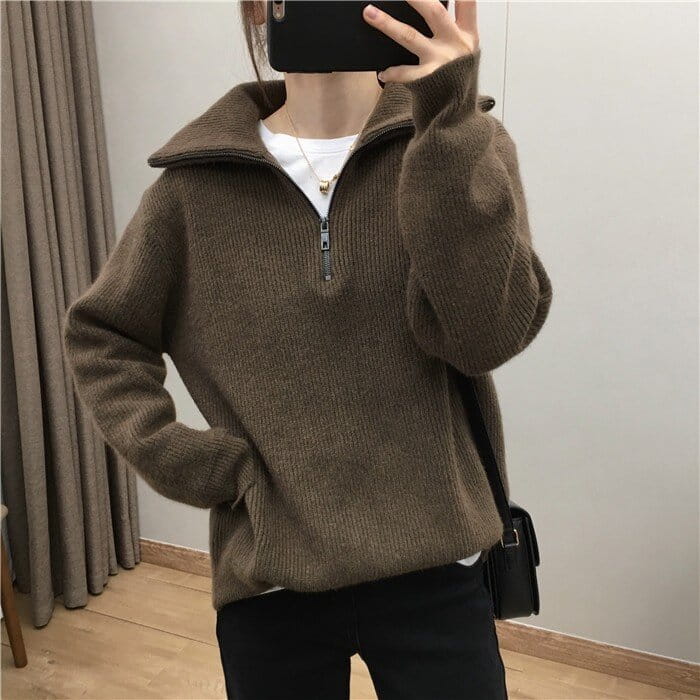 Elegant Large Lapel Zipper Pullover Sweater For Women