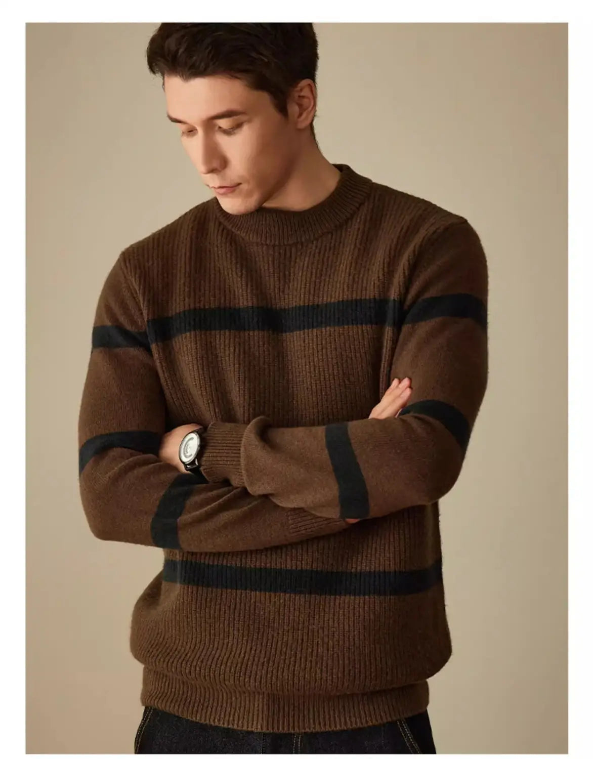 Pure Wool Men’s Casual Striped Contrast Color Warm Sweater