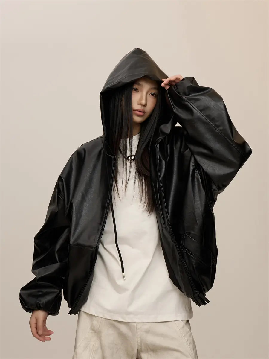 Women’s Black Hooded Leather Coat