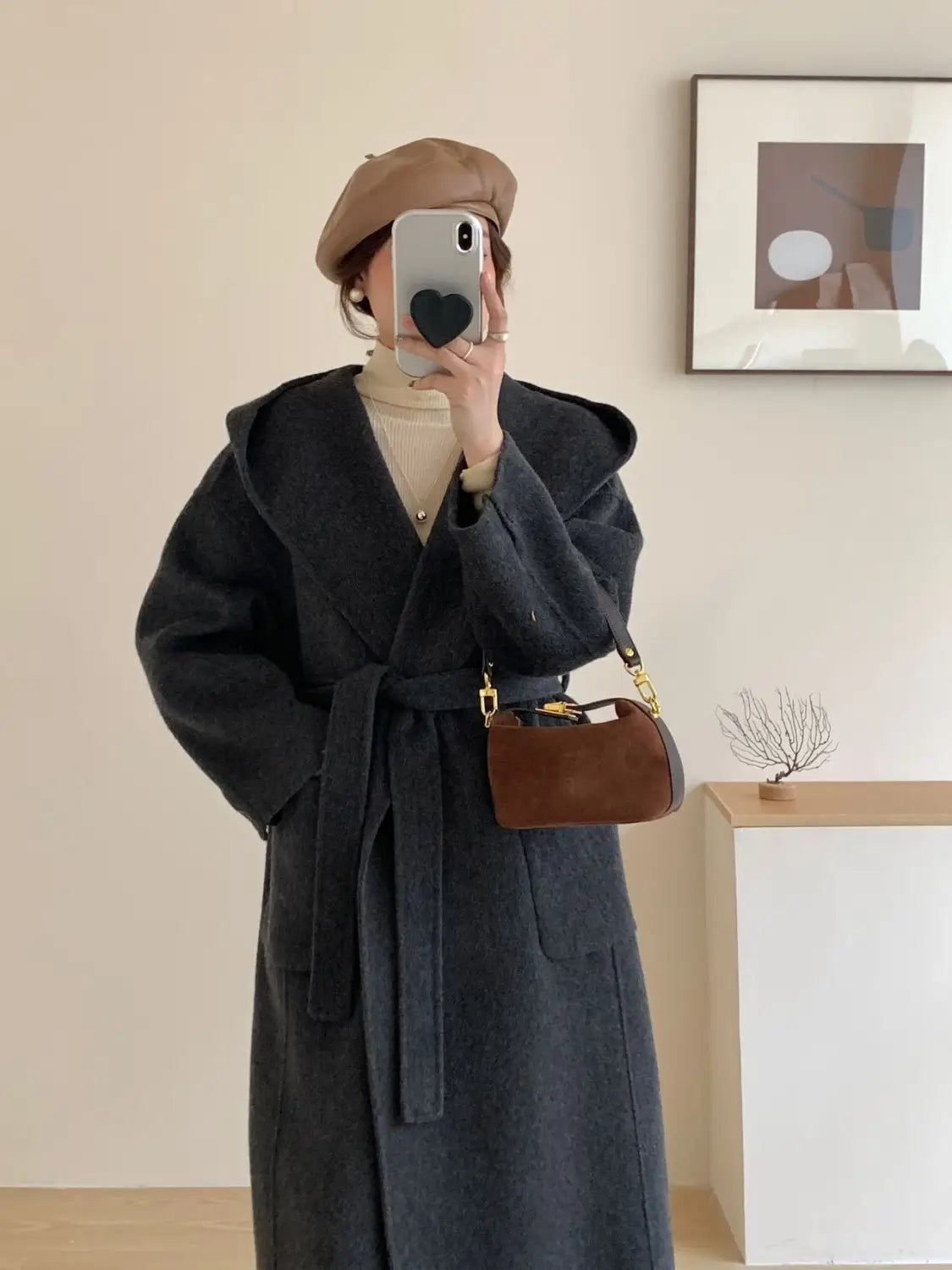 Solid Color Hooded Double-sided Wool Overcoat Women