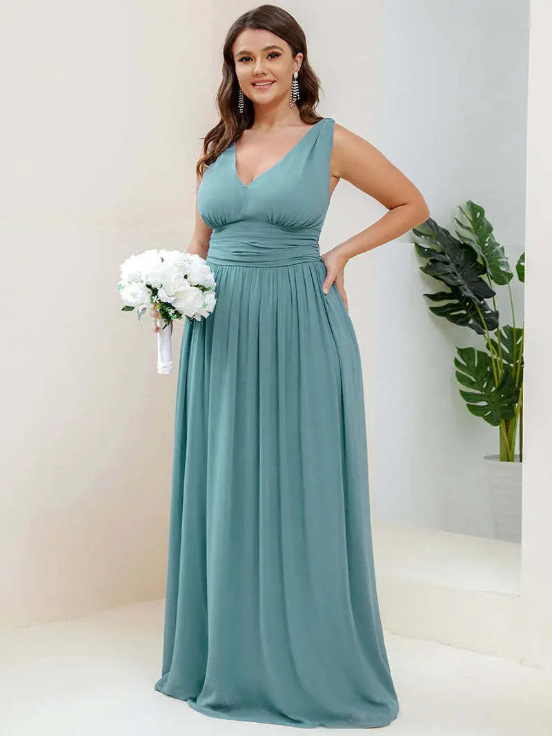 Deep V-neck Bridesmaid Plus Size High Waist Evening Dress