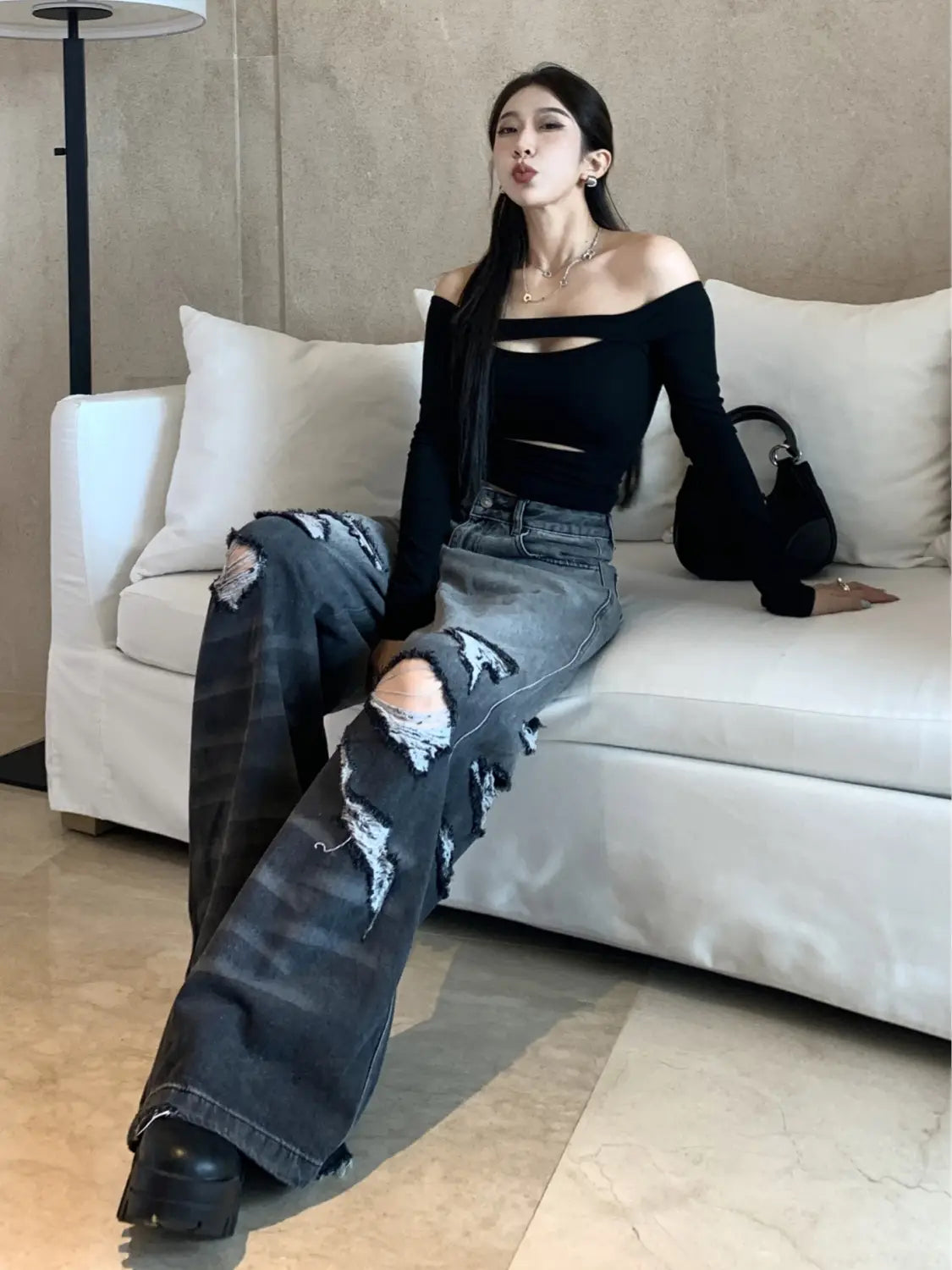 Gradient Color Big Ripped Hot Girl Wide Leg Jeans For Women