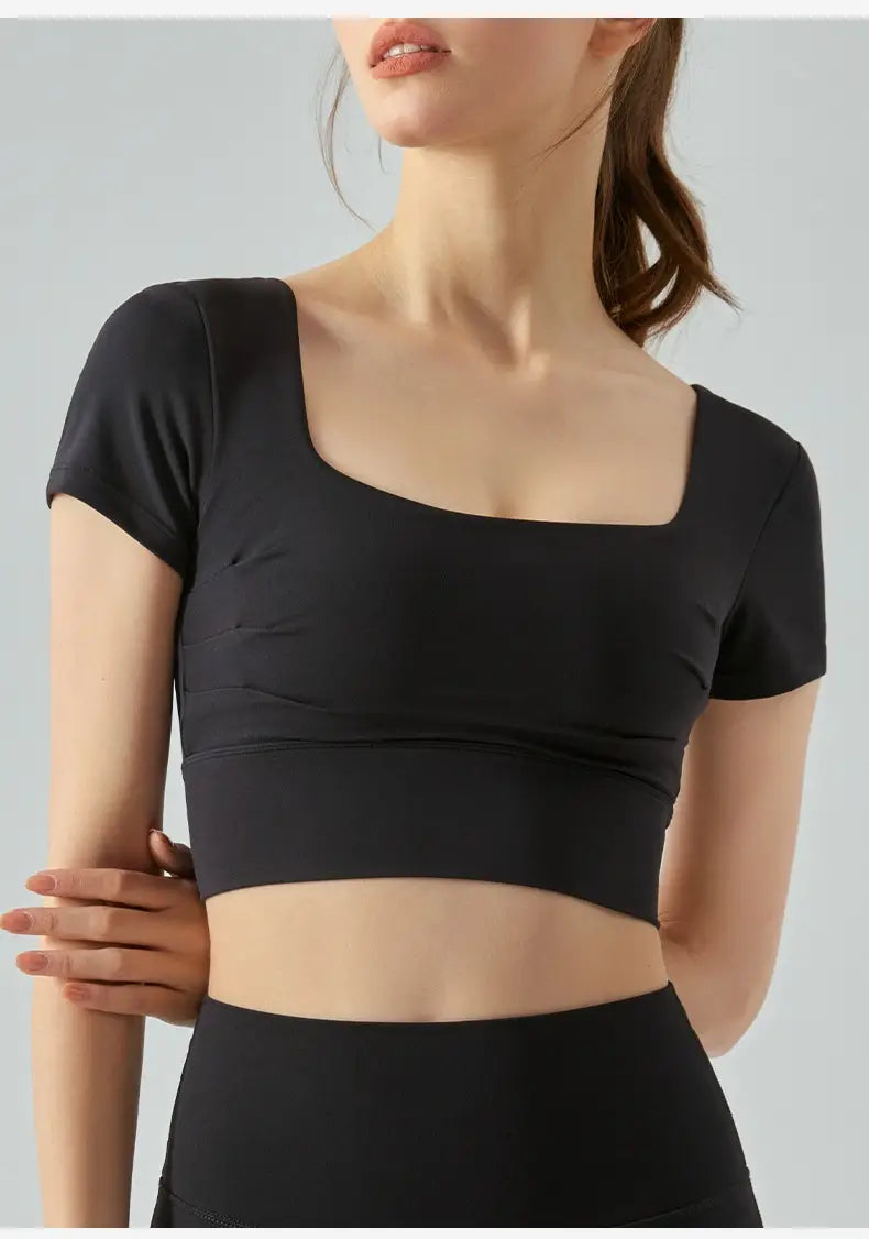 Hollow-out Beauty Back Yoga Short Sleeve Women’s Removable Chest Pad Workout Top