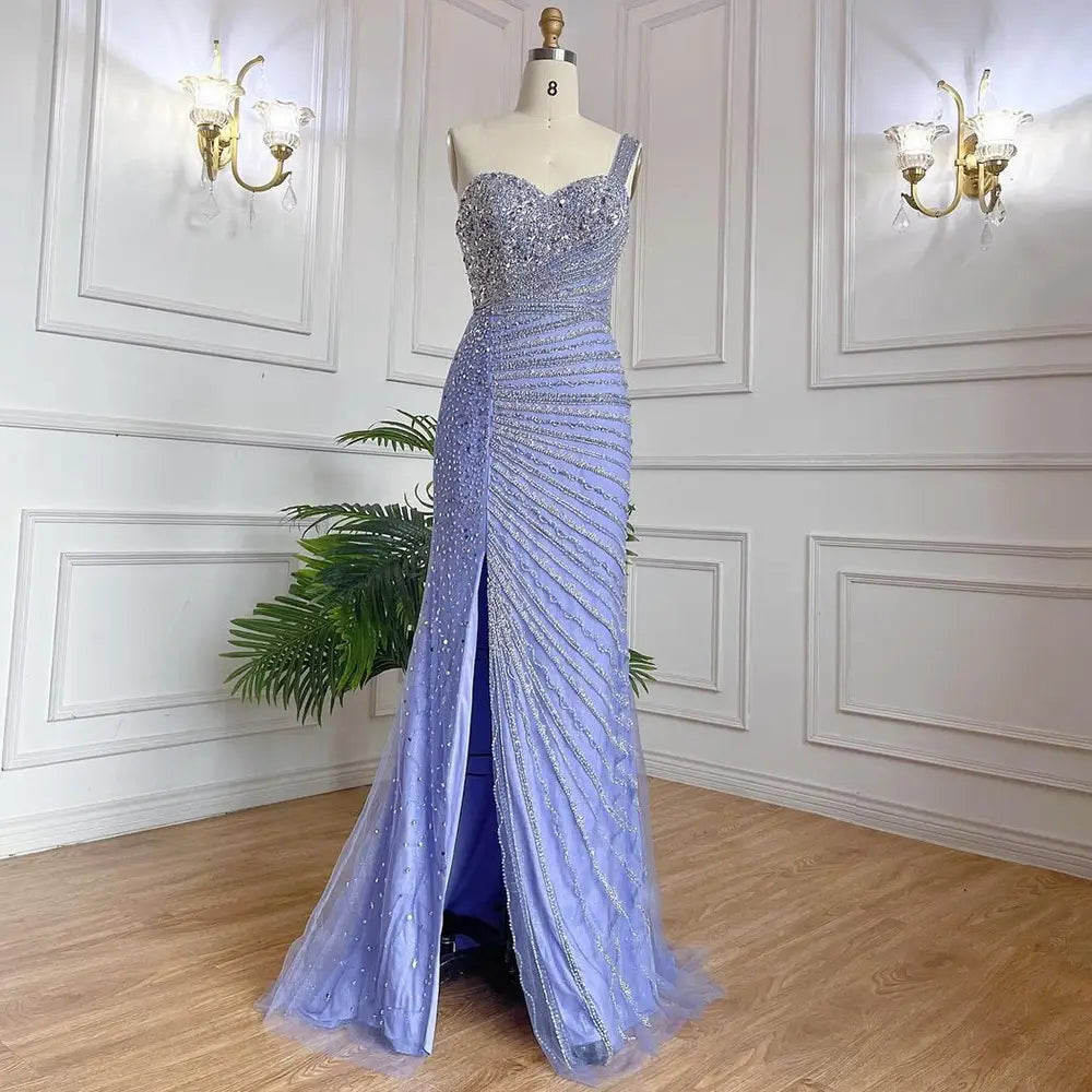 Blue Handmade Beaded Split Shoulder Fishtail Dress