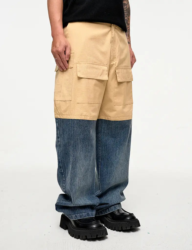 Retro Multi-pocket Stitching Denim Contrast Color Loose Straight Casual Pants