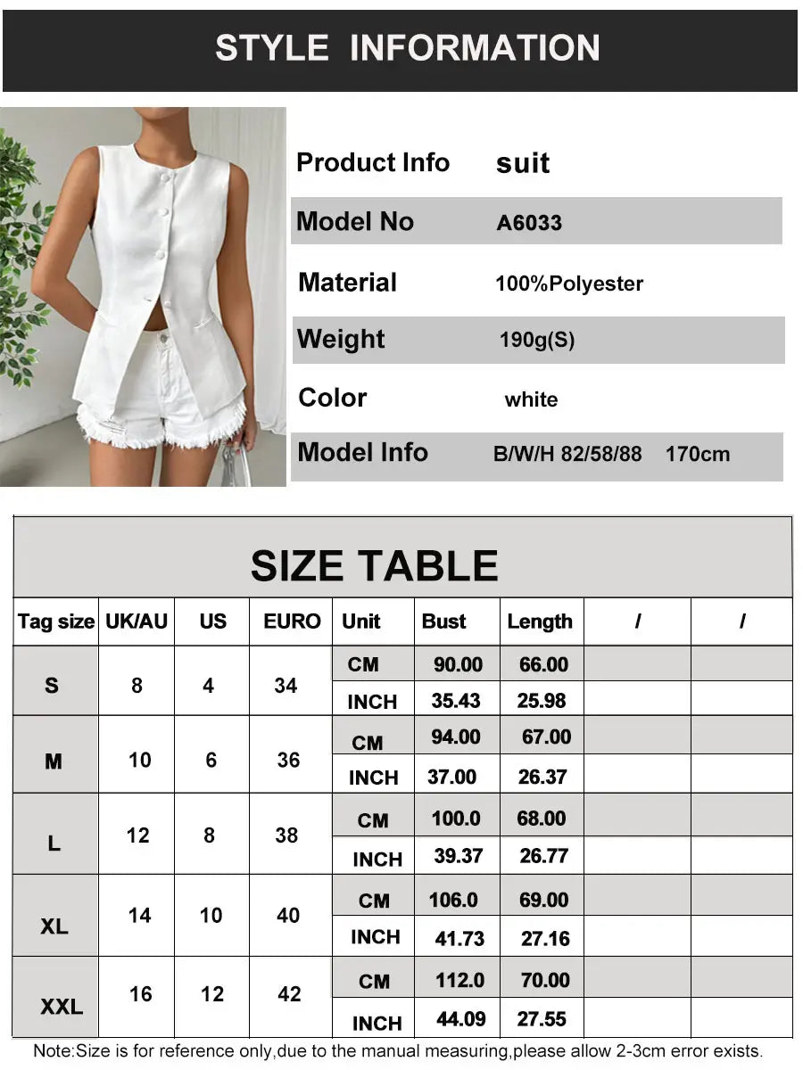 Sleeveless Button Round Neck Elegant Vest