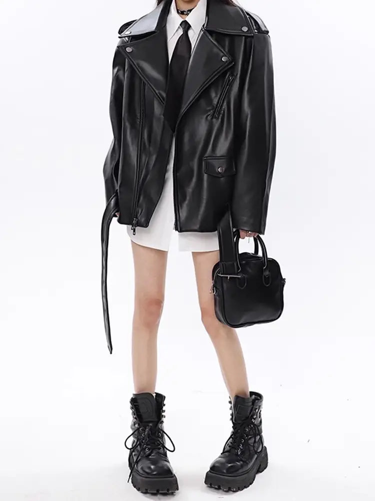 Leather Coat Women’s Loose Motorcycle Jacket