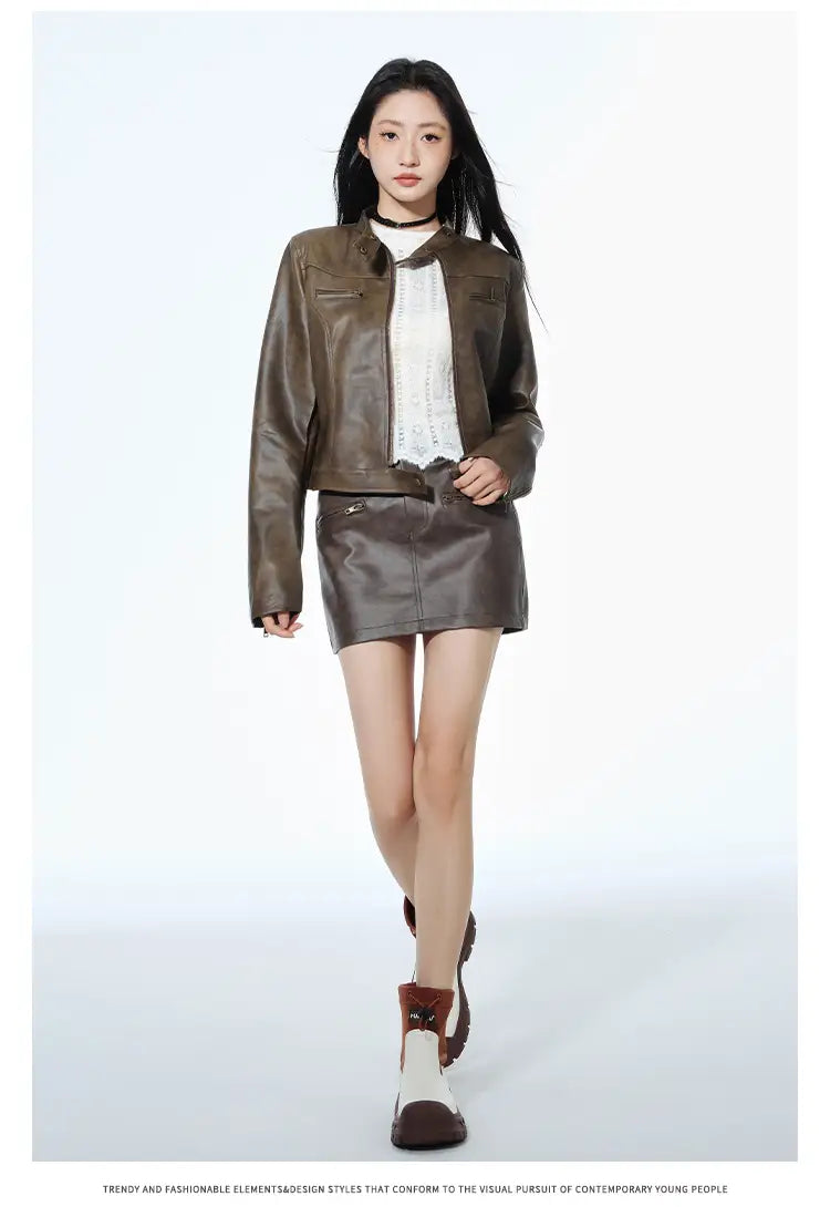 Short Leather Jacket Slim Brown Jacket Motorcycle Jacket