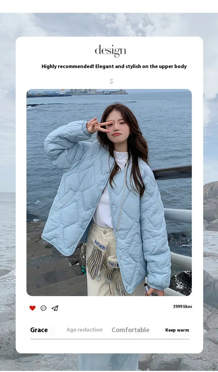 Korean Style Down Cotton Jacket Women’s Short Light Round Neck