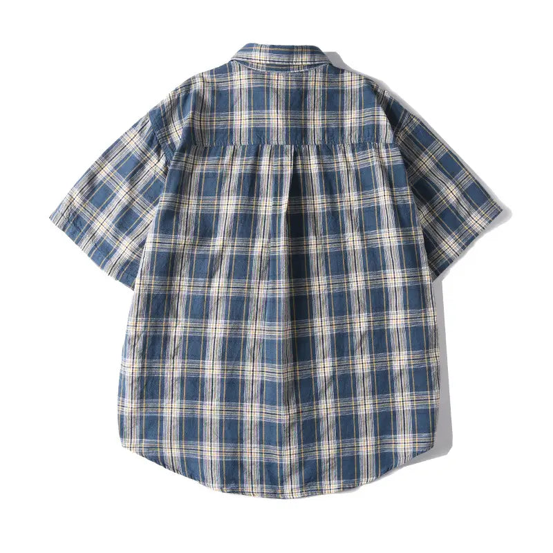 Summer New Japanese-style Retro Washed Yarn-dyed Plaid Short-sleeved Shirt