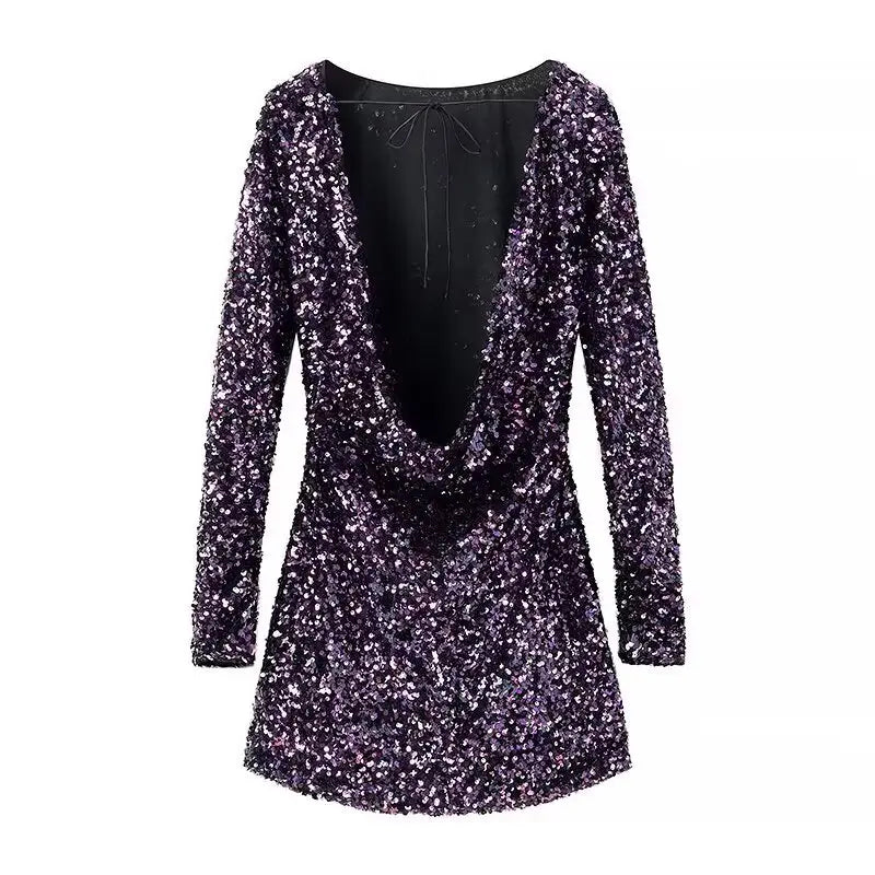 French Style Retro Crew Neck Long Sleeve Sequined Backless Dress