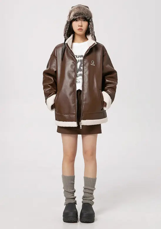 Lambswool PU Leather Thickened Warm Cotton Jacket