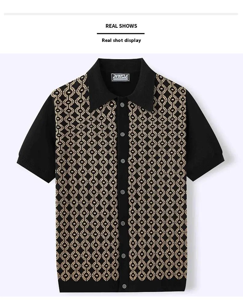 Summer Tencel Short-sleeved Sweater Lapel Jacquard Cardigan For Men