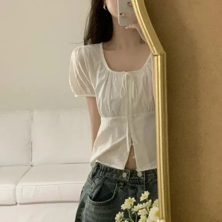 Single-breasted Lace Up Short Shirt French Small Top