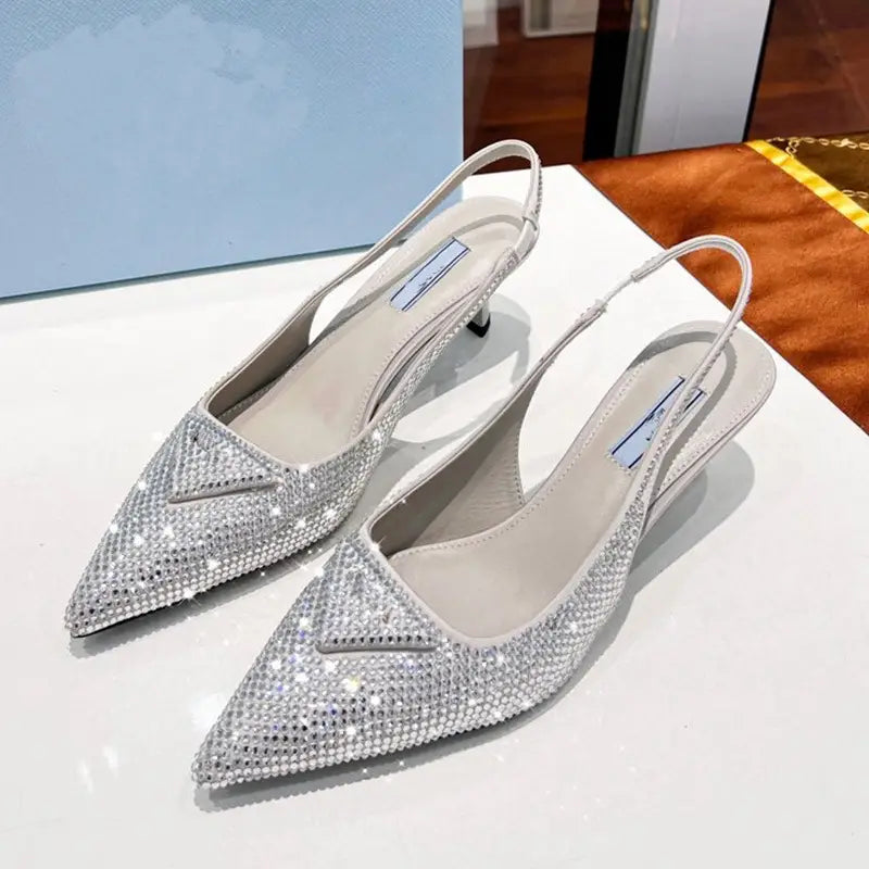 Women’s Triangle Pointed Rhinestone Cat Heel Sandals