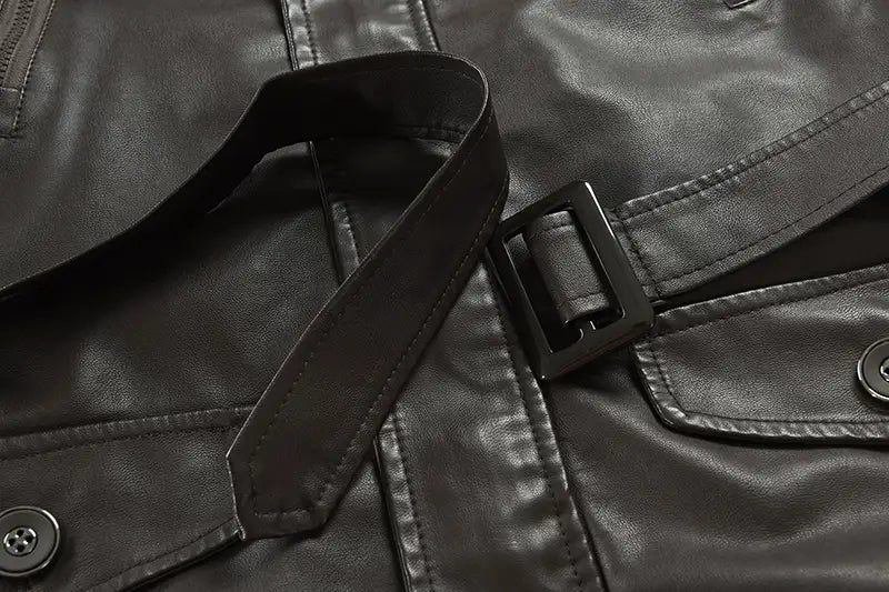 Men’s Mid-length Leather Coat Stand Collar Fleece-lined Thickened