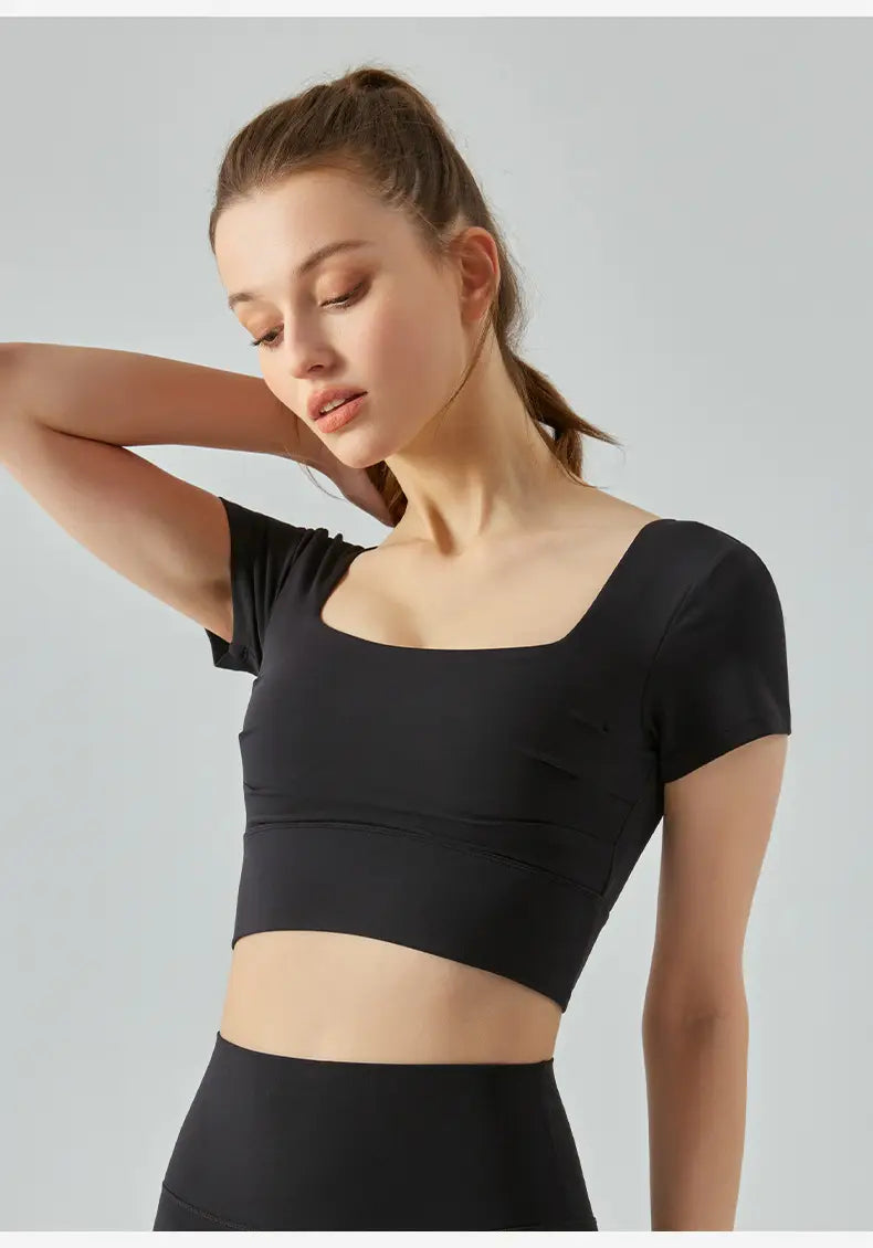 Hollow-out Beauty Back Yoga Short Sleeve Women’s Removable Chest Pad Workout Top