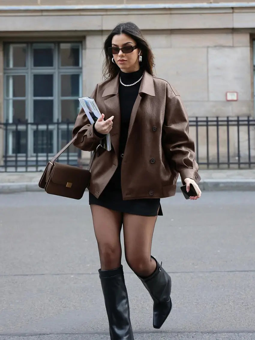 Women’s Elegant Suit Collar Loose Leather Coat