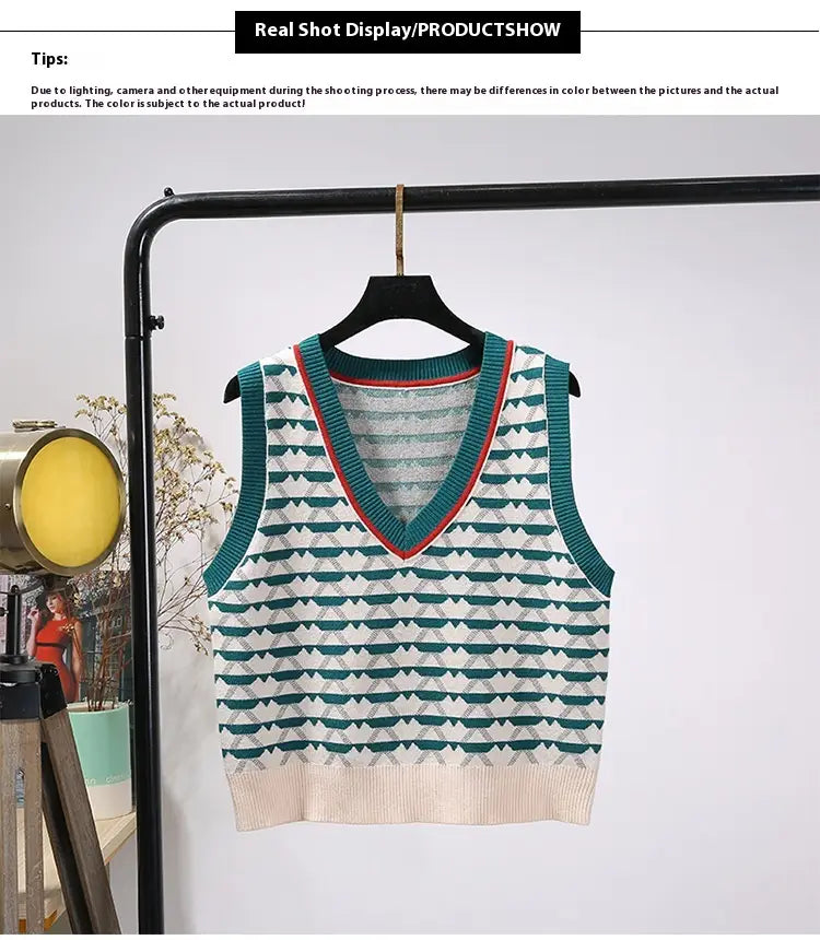 Retro Contrast Color Jacquard Ins Knitted Vest For Women